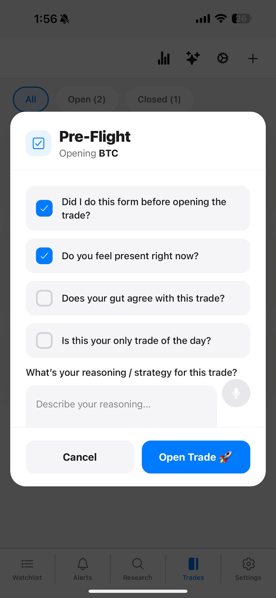 Pre-flight checklist modal with mindfulness questions and trade reasoning