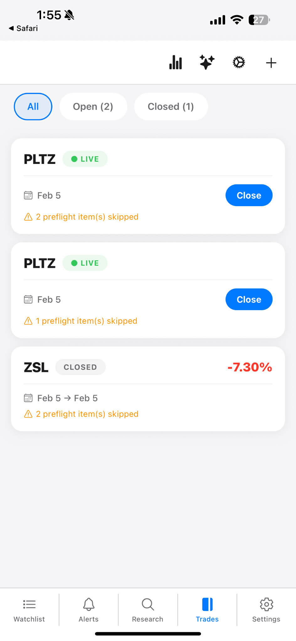 Trade Journal with open and closed positions tracking