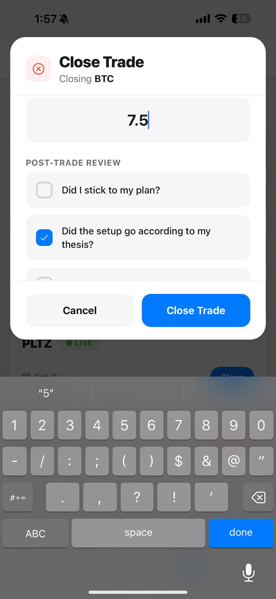 Post-trade review modal with P&L input and reflection questions
